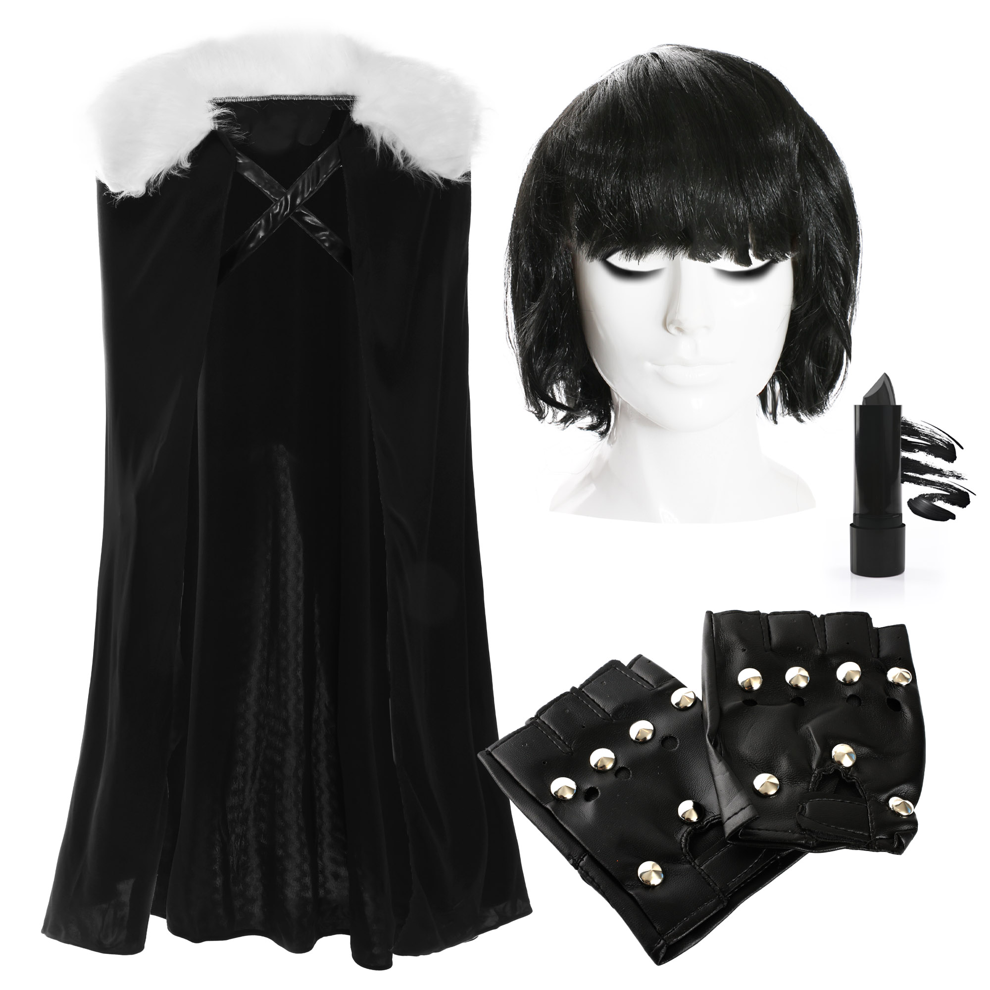 CLAUDIA WINKLEMAN COSTUME THE TRAITORS FANCY DRESS WIG, GLOVES, EYELINER,  CAPE