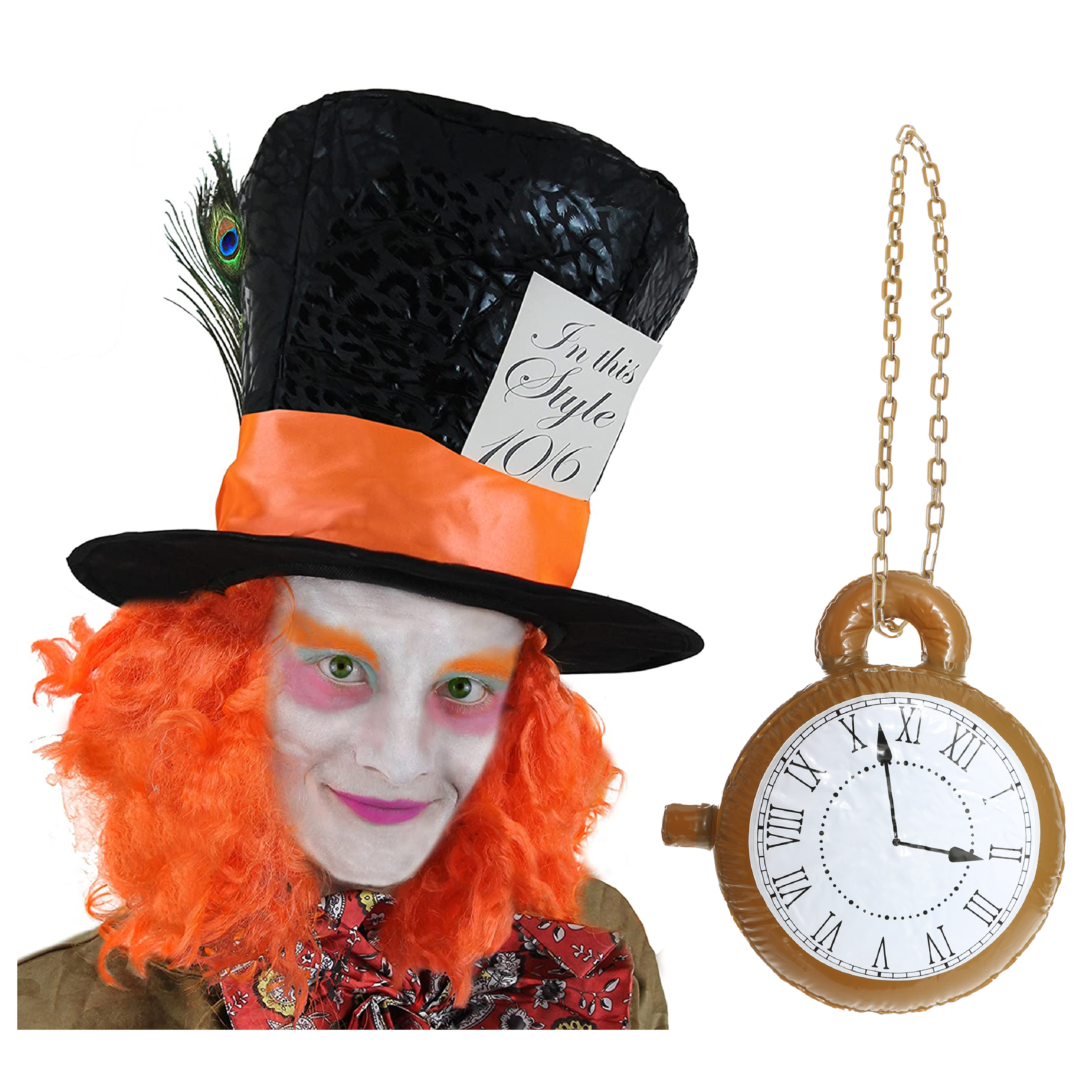 MAD HATTER HAT WITH WIG HAIR PLUS CLOCK NECKLACE FANCY DRESS